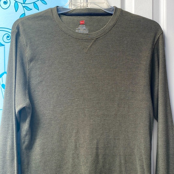 Hanes Waffle Thermal Olive Green Men's Crew Top Long Sleeves Tee Shirt Size L !! - Picture 2 of 10